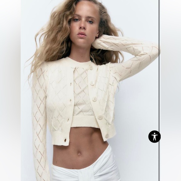 NWT Zara matching set pointelle knit crop top and cardigan in ecru - Picture 1 of 12